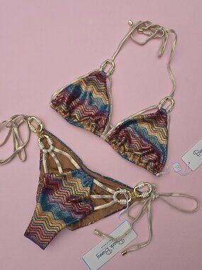 BEACH BUNNY Madagascar Glam 2026 Top S L Tie Side Bottom S M Bikini Set $368 NWT
